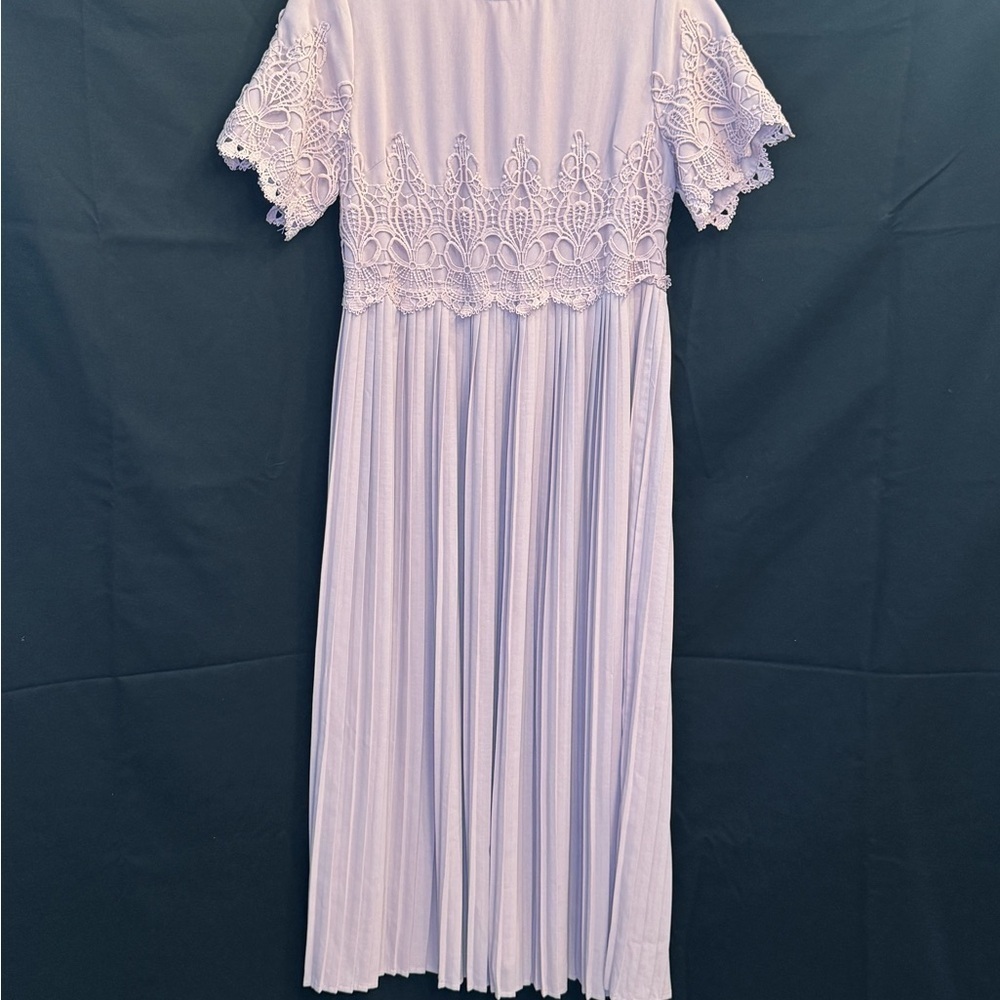 SHEIN Guipure Lace Accordion Pleated Midi Dress in Dusty Pink - Picture 2 of 6